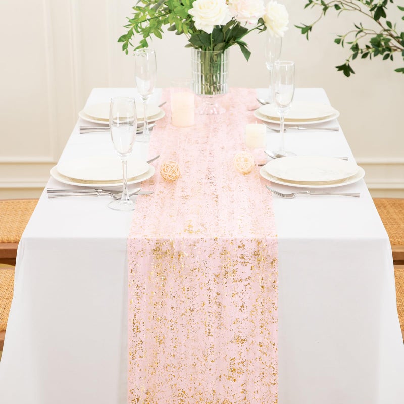 P Pothuiny 2 Pcs Light Pink Table Runner 28 x 120 Inch, Glitter Metallic Foil Tulle Table Runner Party Golden Sheer Gauze Table Decor for Wedding Birthday Christmas Anniversary - Image 2