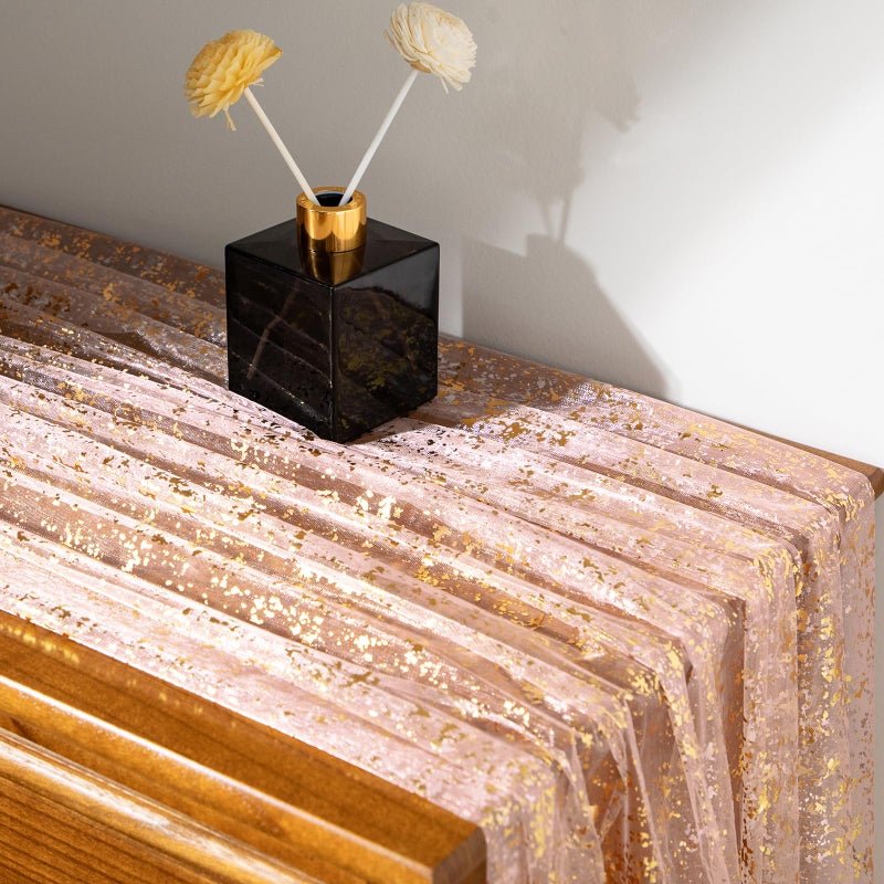 P Pothuiny 2 Pcs Light Pink Table Runner 28 x 120 Inch, Glitter Metallic Foil Tulle Table Runner Party Golden Sheer Gauze Table Decor for Wedding Birthday Christmas Anniversary - Image 3