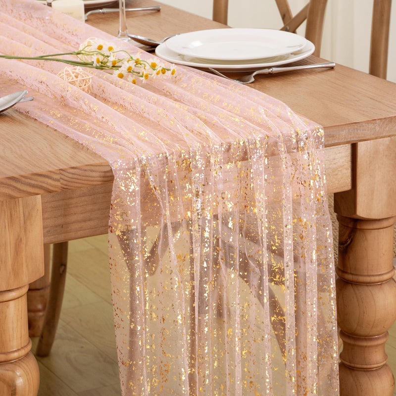 P Pothuiny 2 Pcs Light Pink Table Runner 28 x 120 Inch, Glitter Metallic Foil Tulle Table Runner Party Golden Sheer Gauze Table Decor for Wedding Birthday Christmas Anniversary - Image 1