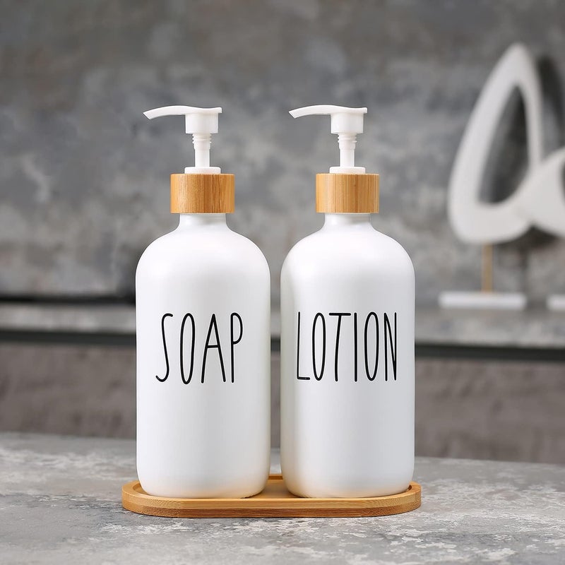 MOMEEMO White Soap Dispenser Bathroom Set, Bathroom Soap Dispenser Set with Glass Soap Dispenser, Bamboo Pumps & Tray. Soap and Lotion Dispenser Set Suitable for Bathroom Accessories Decor. (White) - Image 2