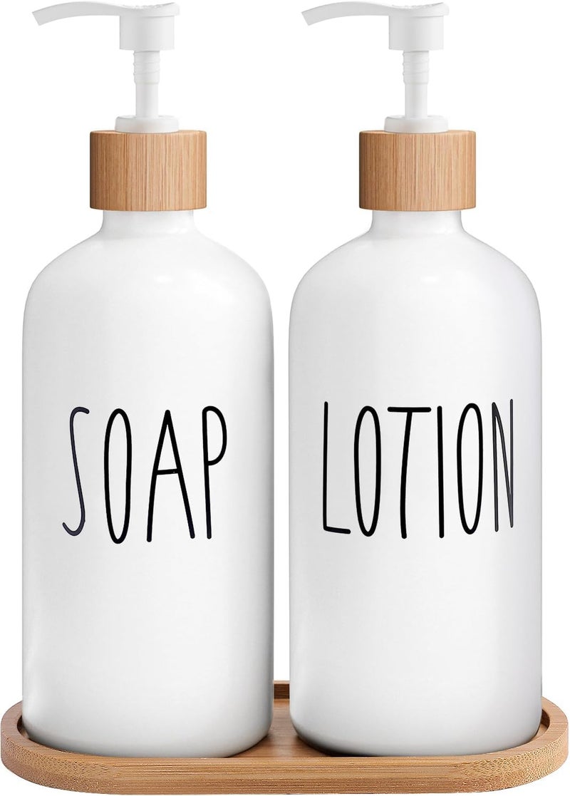 MOMEEMO White Soap Dispenser Bathroom Set, Bathroom Soap Dispenser Set with Glass Soap Dispenser, Bamboo Pumps & Tray. Soap and Lotion Dispenser Set Suitable for Bathroom Accessories Decor. (White) - Image 1