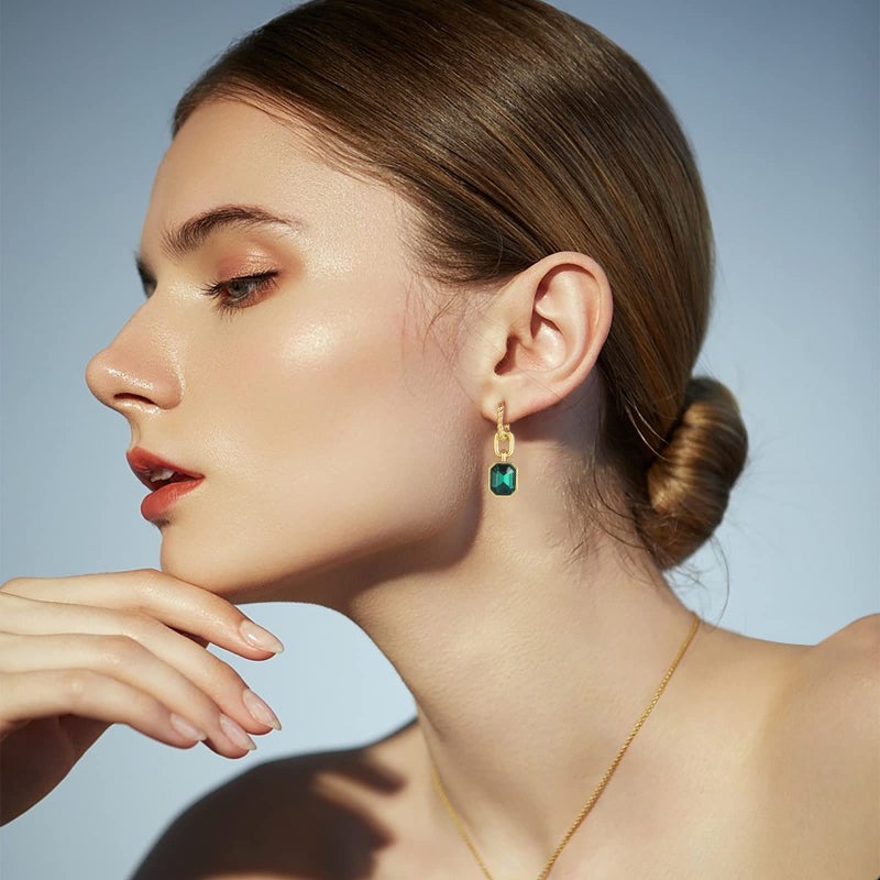Mesovor Gold Crystal Hoop Earrings for Women Trendy, 18K Gold Plated Hoop Earrings | Emerald Green Black Crystal Dangling Earrings Jewelry Gift for Mother Wife (Green) - Image 5