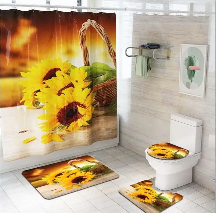 Y&D Sunflower Pattern Bathroom Shower Curtain Set Mats Rugs Set Non-slip Quickly Dry Waterproof Toilet Lid Cover Floor Mat Polyester - Image 2