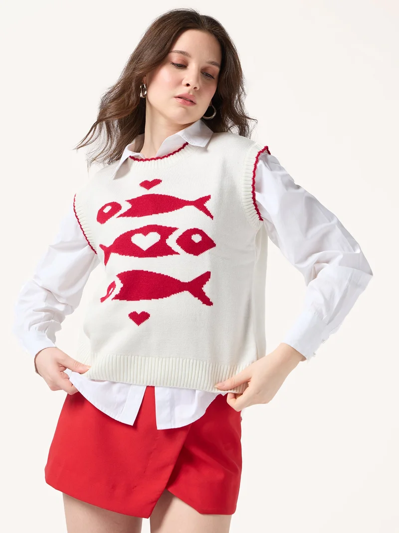 OUTZIDR Off White Sleeveless Contrast Rib Sweater