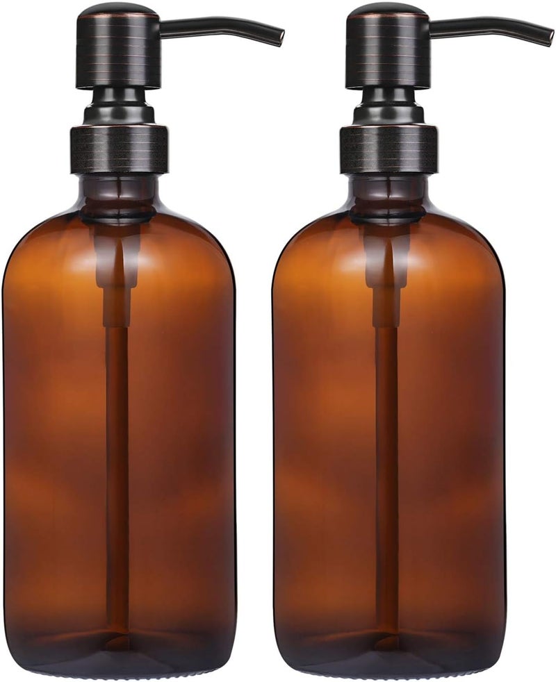 CHBJDAN 2 Pack 16 Ounce Boston Round Glass Bottles Soap Dispenser with Oil Rubbed Bronze Stainless Steel Pumps - Image 1