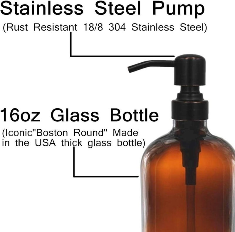 CHBJDAN 2 Pack 16 Ounce Boston Round Glass Bottles Soap Dispenser with Oil Rubbed Bronze Stainless Steel Pumps - Image 3