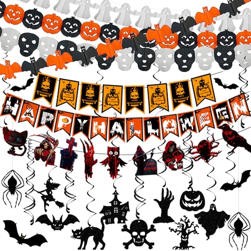 Chaohua Halloween Decor Indoor Hanging Swirl Ceiling Wall Party Decor with Bats Spiders Pumpkins Skulls Ghosts Banner Halloween Decorations Indoor Outdoor Supplies - Image 1
