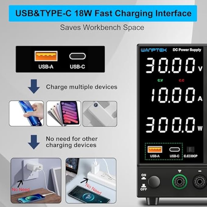rayihni DC POWER SUPPLY 30V 5A, USB-A/TYPE-C FAST CHARGE PORT, HIGH PRECISION 4 DIGIT LED DISPLAY BENCH ENCODER REGULATOR - Image 2