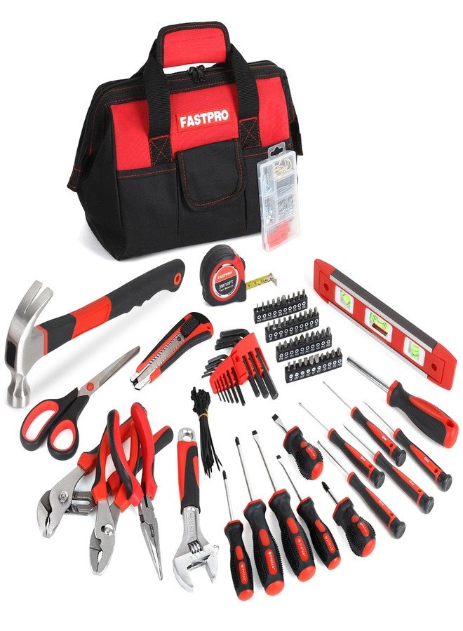 FASTPRO 220-Piece Home Tool Set, Household Repairing Tool Kit with 12-Inch Wide Mouth Open Storage Tool Bag, Red - Image 1
