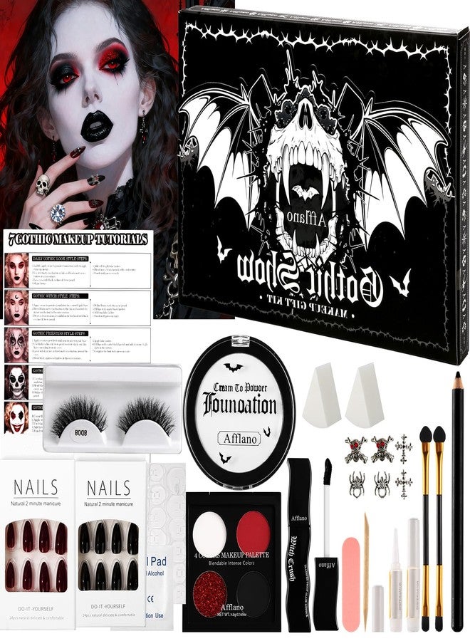 Afflano Goth Makeup Kit Halloween Costume, SFX Clown Goth White Foundation Face Paint, Lipstick Black Red Eyeshadow, False Eyelashes Nail Eyeliner Eyebrow Carnival Theater Emo Mime Ghost Gothic Makeup - Image 1
