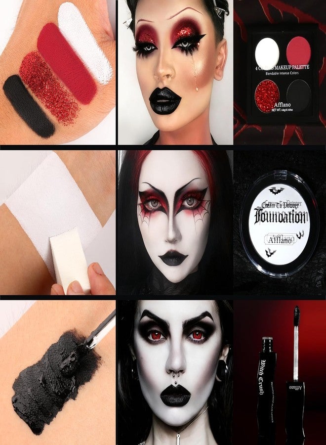 Afflano Goth Makeup Kit Halloween Costume, SFX Clown Goth White Foundation Face Paint, Lipstick Black Red Eyeshadow, False Eyelashes Nail Eyeliner Eyebrow Carnival Theater Emo Mime Ghost Gothic Makeup - Image 3