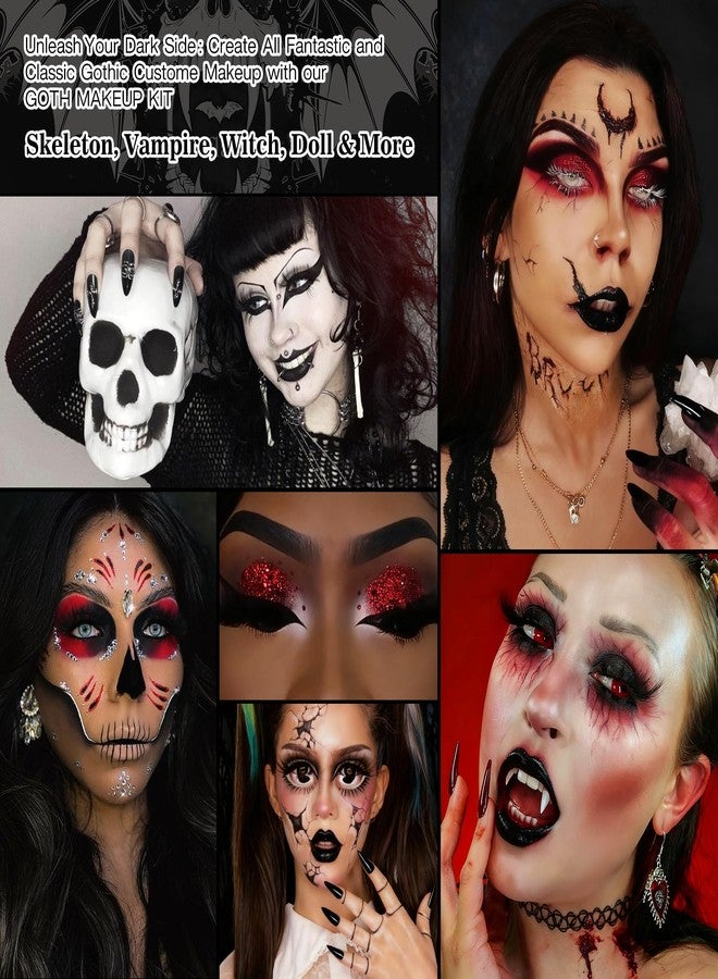 Afflano Goth Makeup Kit Halloween Costume, SFX Clown Goth White Foundation Face Paint, Lipstick Black Red Eyeshadow, False Eyelashes Nail Eyeliner Eyebrow Carnival Theater Emo Mime Ghost Gothic Makeup - Image 2