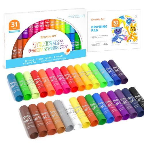 Shuttle Art Tempera Paint Sticks, 30 Colors Solid Tempera Paint for Kids with 1 Drawing Pad, Super Quick Drying, Non-Toxic, Works Great on Paper Wood Glass Ceramic Canvas - Image 1
