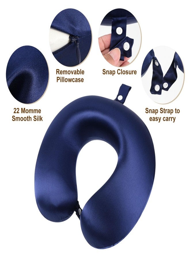 PATIKIL Silk Travel Pillow for Airplane, 22 Momme Real Silk Cover 100% Memory Foam Filled Travel Neck Pillow Sleeping Anti Wrinkle Pillow Head Neck Support for Plane Train, Navy Blue - Image 3