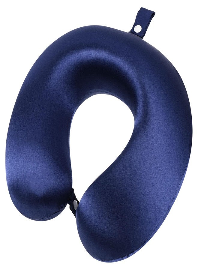 PATIKIL Silk Travel Pillow for Airplane, 22 Momme Real Silk Cover 100% Memory Foam Filled Travel Neck Pillow Sleeping Anti Wrinkle Pillow Head Neck Support for Plane Train, Navy Blue - Image 1