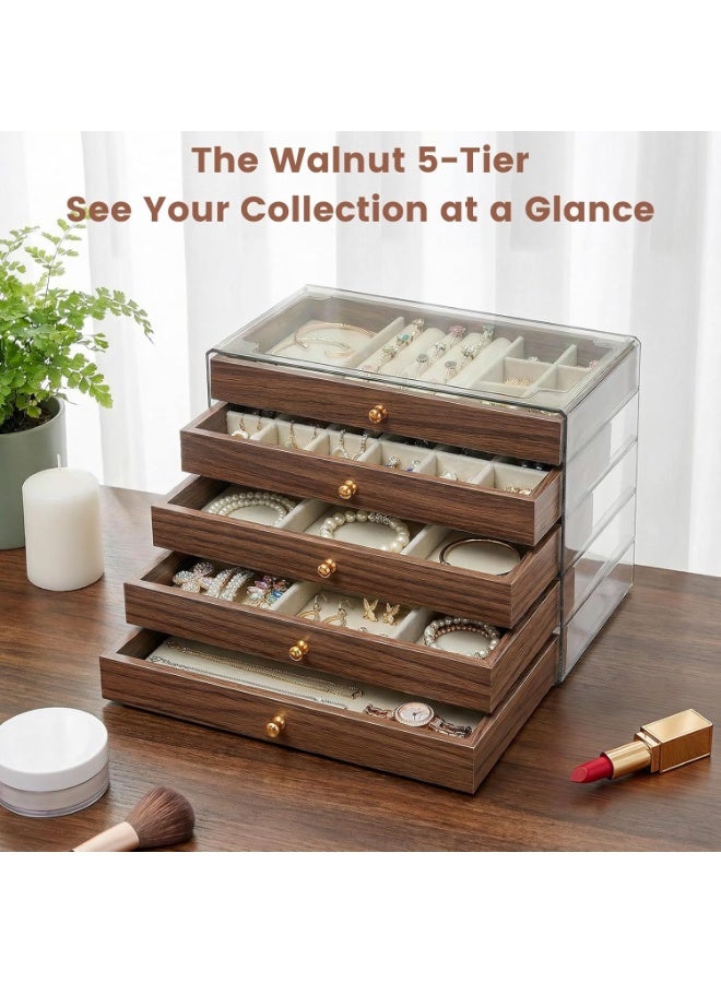 هابي هوم صندوق مجوهرات خشبي فاخر للنساء 5 طبقات مع 5 أدراج ودفاتر مخملية – حامل أقراط كبير، تنظيم وحفظ للقلائد والخواتم والأساور، صندوق سفر خشبي للمجوهرات، هدية أنيقة للأدراج والدواليب، تصميم كلاسيكي أنيق، الحجم 13×23×18 سم - Image 2