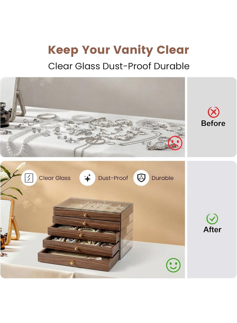 هابي هوم صندوق مجوهرات خشبي فاخر للنساء 5 طبقات مع 5 أدراج ودفاتر مخملية – حامل أقراط كبير، تنظيم وحفظ للقلائد والخواتم والأساور، صندوق سفر خشبي للمجوهرات، هدية أنيقة للأدراج والدواليب، تصميم كلاسيكي أنيق، الحجم 13×23×18 سم - Image 5