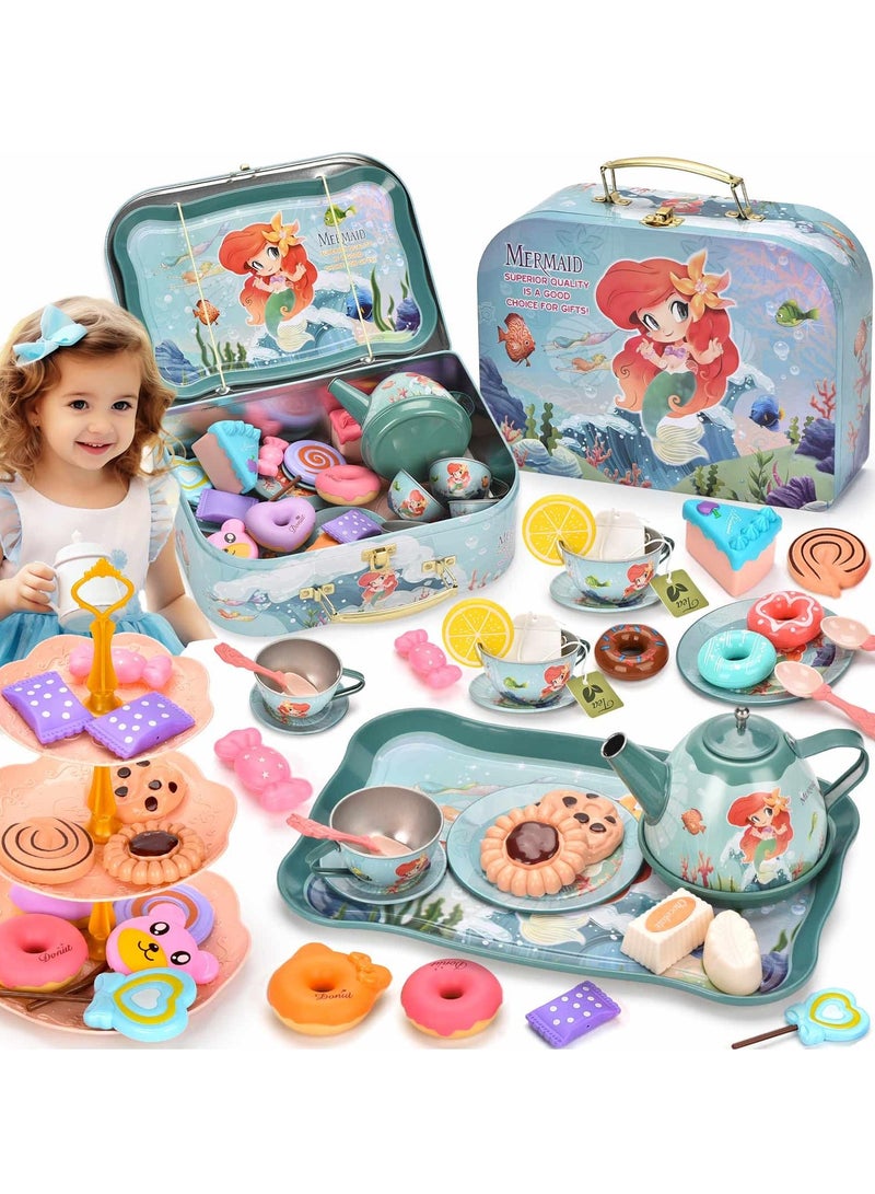 Excefore 52Pcs Mermaid Tea Party Set for Little Girls Princess Tea Time Pretend Kitchen Toys Pretend Tin Teapot Set with Metal Carrying Case Desserts Cookies Doughnut Cake Gift for Age 3-12 Year Olds - Image 1