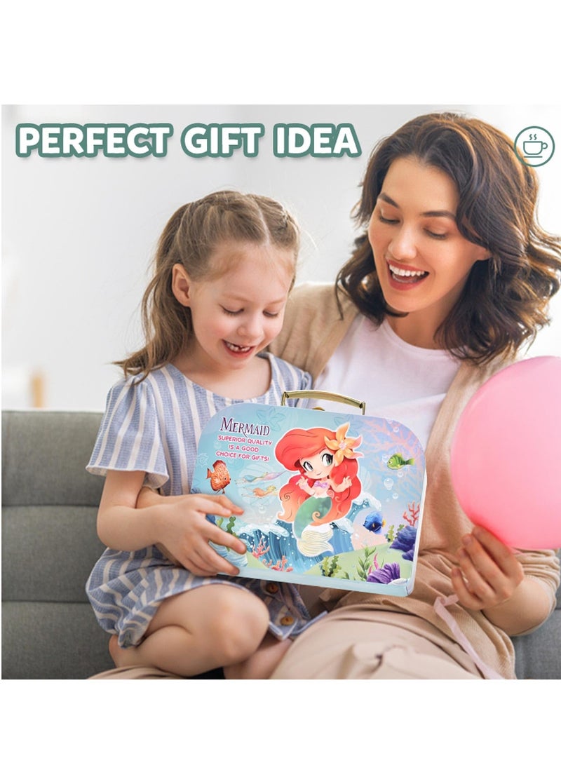 Excefore 52Pcs Mermaid Tea Party Set for Little Girls Princess Tea Time Pretend Kitchen Toys Pretend Tin Teapot Set with Metal Carrying Case Desserts Cookies Doughnut Cake Gift for Age 3-12 Year Olds - Image 5