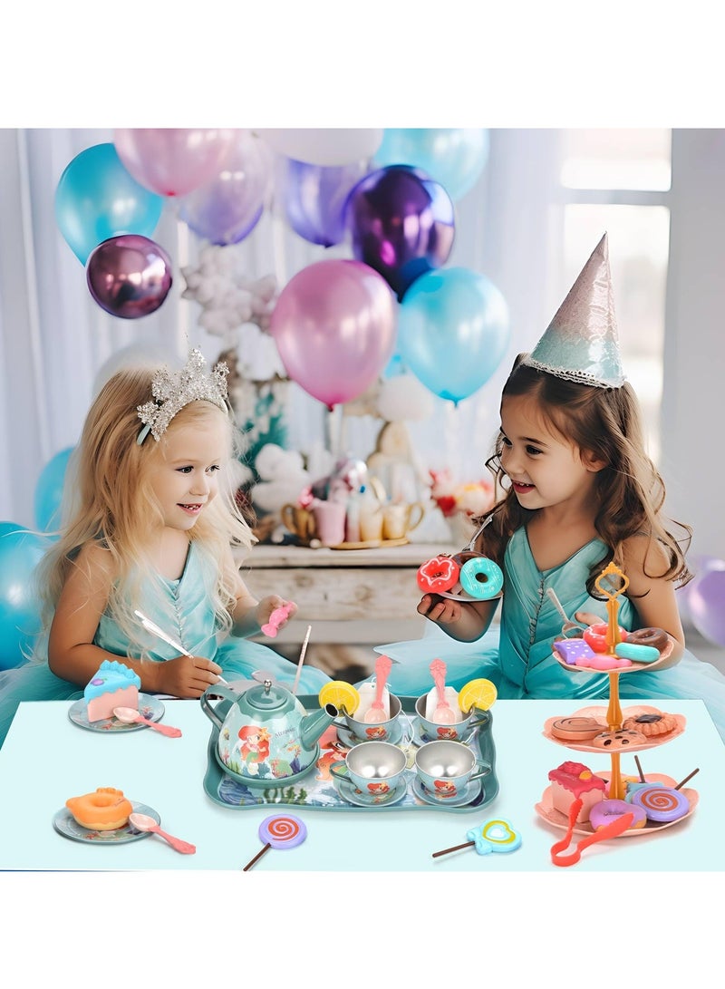 Excefore 52Pcs Mermaid Tea Party Set for Little Girls Princess Tea Time Pretend Kitchen Toys Pretend Tin Teapot Set with Metal Carrying Case Desserts Cookies Doughnut Cake Gift for Age 3-12 Year Olds - Image 4