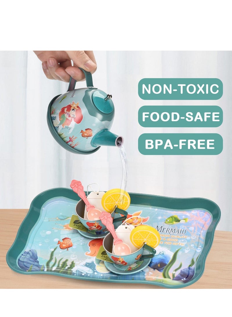 Excefore 52Pcs Mermaid Tea Party Set for Little Girls Princess Tea Time Pretend Kitchen Toys Pretend Tin Teapot Set with Metal Carrying Case Desserts Cookies Doughnut Cake Gift for Age 3-12 Year Olds - Image 2