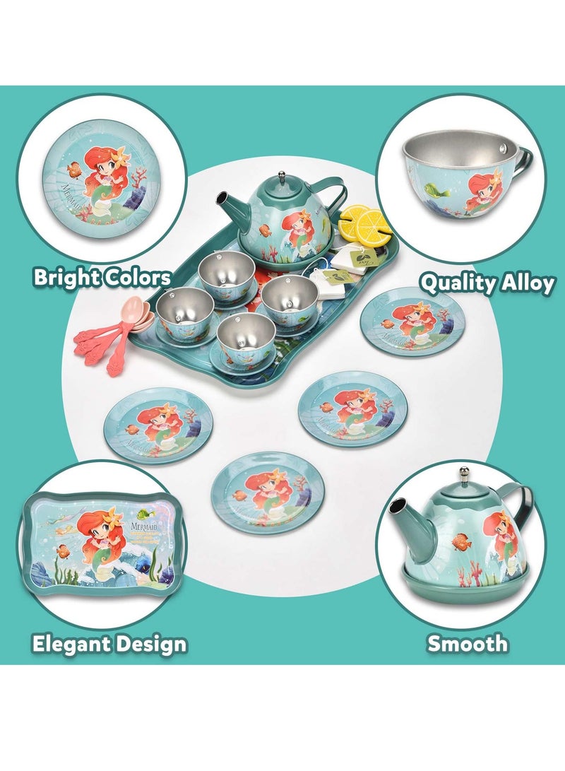 Excefore 52Pcs Mermaid Tea Party Set for Little Girls Princess Tea Time Pretend Kitchen Toys Pretend Tin Teapot Set with Metal Carrying Case Desserts Cookies Doughnut Cake Gift for Age 3-12 Year Olds - Image 3