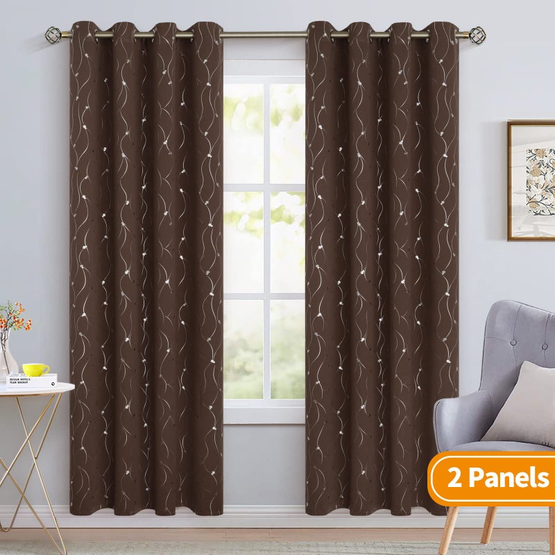 BGment Blackout Curtains 84 Inch Length 2 Panels Set Grommet Thermal Insulated Room Darkening Window Curtains with Wave Line and Dots Printed for Bedroom, 52 x 84 Inch, Brown - Image 2