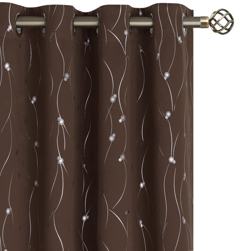BGment Blackout Curtains 84 Inch Length 2 Panels Set Grommet Thermal Insulated Room Darkening Window Curtains with Wave Line and Dots Printed for Bedroom, 52 x 84 Inch, Brown - Image 1