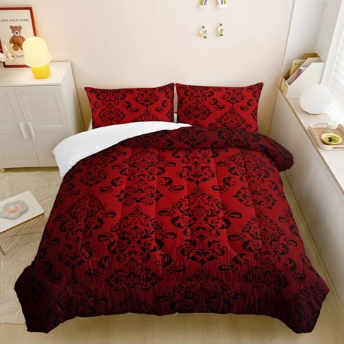 Nttopship Red Gothic Floral Print Comforter Set Queen SizeVintage Damask Floral Bedding SetBohemian Exotic Printed Quilted Set for Teens Adultwith 1 Comforter and 2 Pillow Case - Image 3