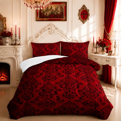 Nttopship Red Gothic Floral Print Comforter Set Queen SizeVintage Damask Floral Bedding SetBohemian Exotic Printed Quilted Set for Teens Adultwith 1 Comforter and 2 Pillow Case - Image 1