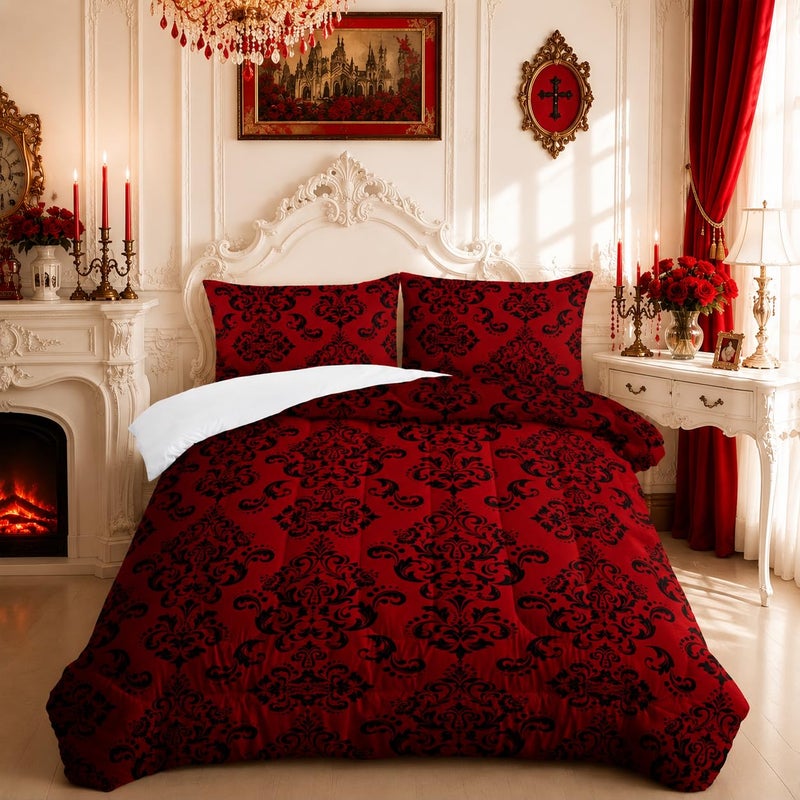 Nttopship Red Gothic Floral Print Comforter Set Queen SizeVintage Damask Floral Bedding SetBohemian Exotic Printed Quilted Set for Teens Adultwith 1 Comforter and 2 Pillow Case - Image 2