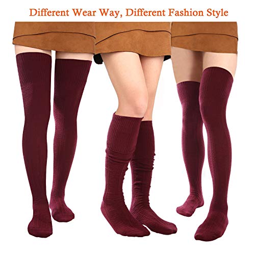 Moon Wood Women Thigh High Socks Extra Long Cotton Knit Warm Thick Tall Long Boot Stockings Leg Warmers (1 Burgundy, One Size) - Image 2
