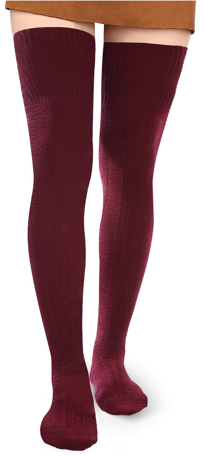Moon Wood Women Thigh High Socks Extra Long Cotton Knit Warm Thick Tall Long Boot Stockings Leg Warmers (1 Burgundy, One Size) - Image 1