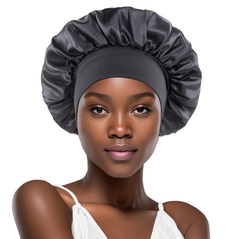 Black Silk Bonnet for Sleeping Women Silk Hair Bonnet for Sleeping Curly Hair Braids Large Satin Sleep Cap Wide Band Night Caps