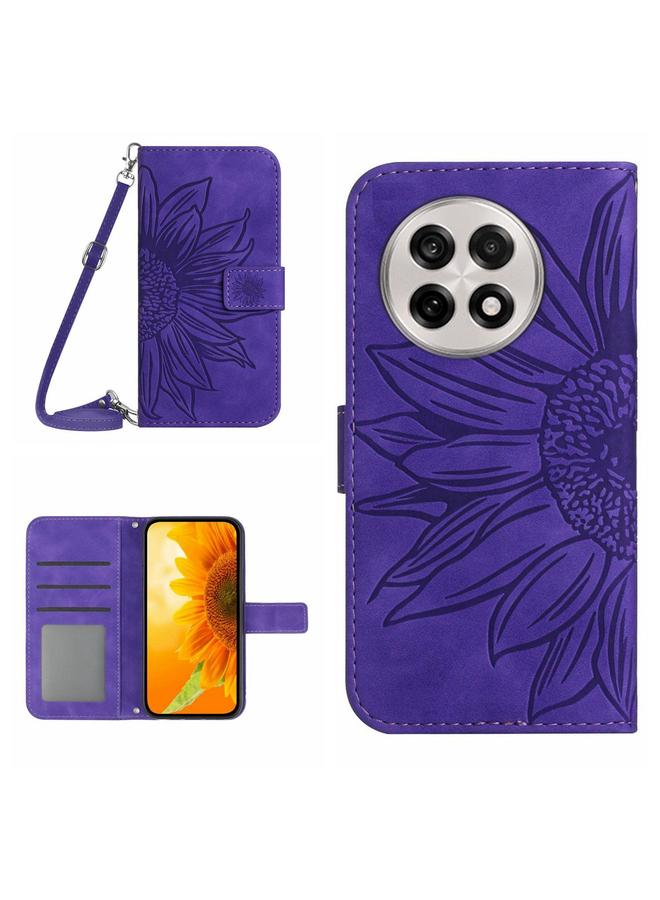 The Bros Case For OnePlus 13R Skin Feel Sun Flower Embossed Leather Phone Case with Lanyard