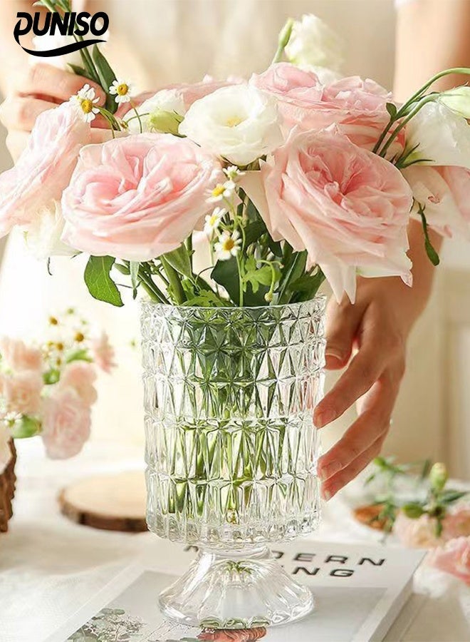 DUNISO Clear Glass Vase，Embossed Glass Vase，Crystal Glass Ribbed Footed Flower Vase，Clear Pedestal Vases for Centrepieces Wedding Birthday Anniversary Events Table Décor  - Image 1