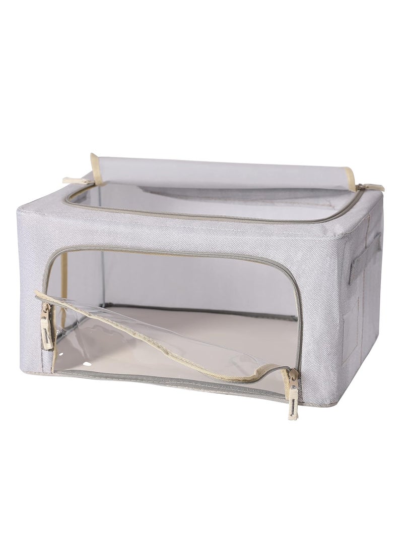 FHSQX Foldable Clothes Storage Bins 2 Pack Stackable Metal Frame Clothing Storage Box Oxford Fabric Organizer Set with Clear WindowsSturdy Carry Handles22LLight Grey  - Image 2