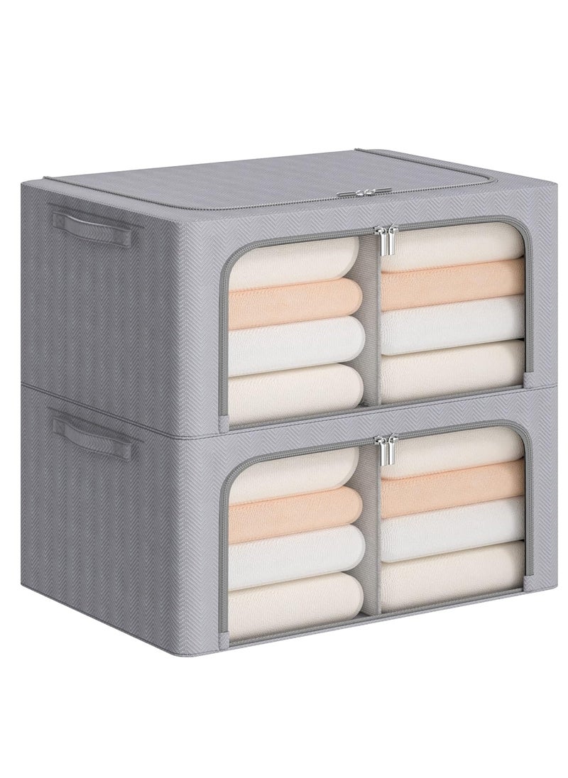 FHSQX Foldable Clothes Storage Bins 2 Pack Stackable Metal Frame Clothing Storage Box Oxford Fabric Organizer Set with Clear WindowsSturdy Carry Handles22LLight Grey  - Image 1