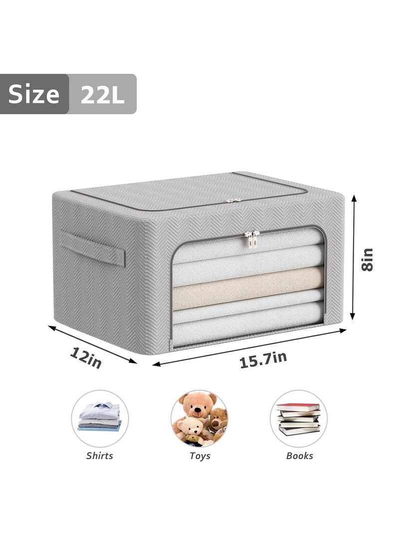 FHSQX Foldable Clothes Storage Bins 2 Pack Stackable Metal Frame Clothing Storage Box Oxford Fabric Organizer Set with Clear WindowsSturdy Carry Handles22LLight Grey  - Image 5