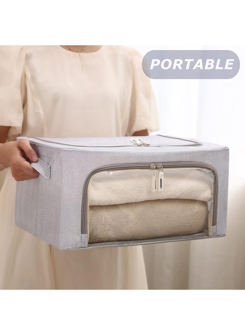 FHSQX Foldable Clothes Storage Bins 2 Pack Stackable Metal Frame Clothing Storage Box Oxford Fabric Organizer Set with Clear WindowsSturdy Carry Handles22LLight Grey  - Image 4