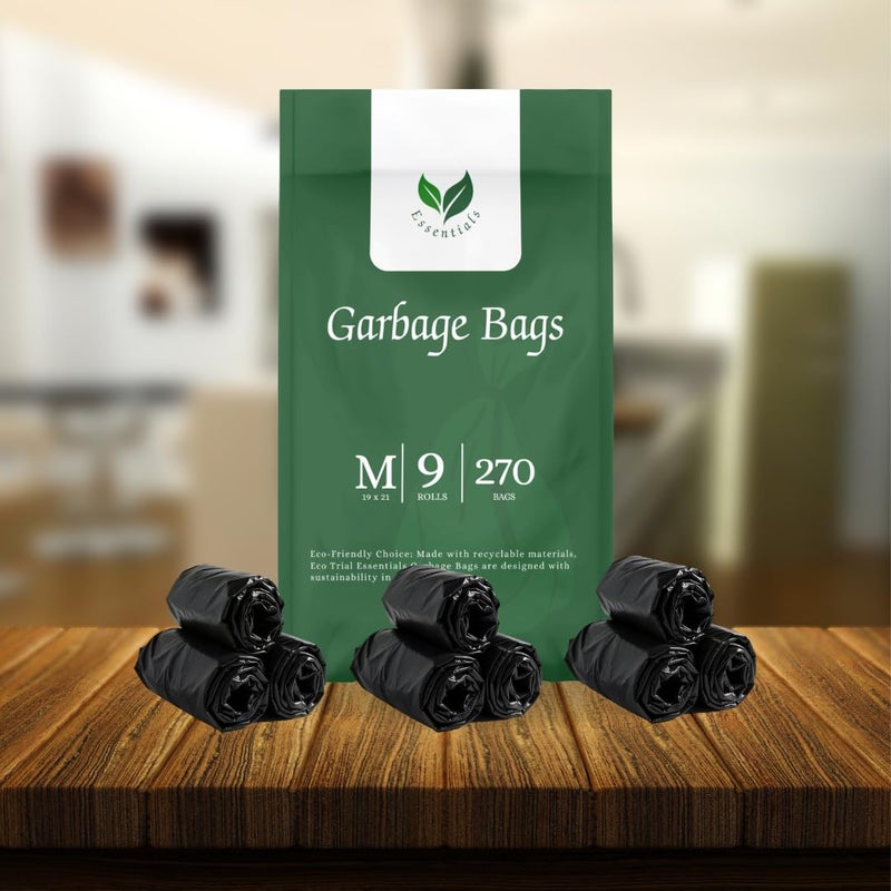 Eco Trial Essentials Eco Trial Essentials Garbage Bags 19x21 Inch Medium 270 Bags 9 Rolls LeakProof Durable Black Trash Bags with Detachable TieTape for Easy Closure - Image 1
