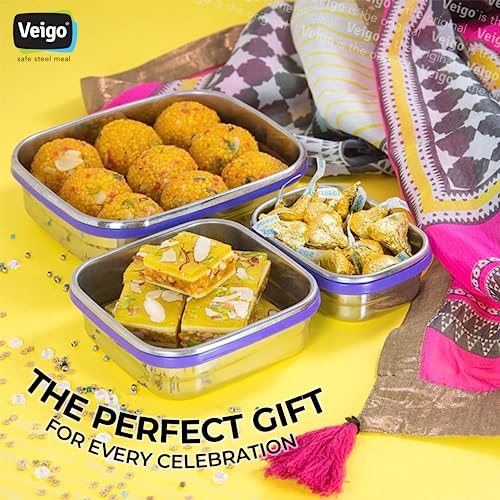 Veigo Premium Finish Classic Celebration Big, Small & Medium Stainless Steel Lunch Box Airtight Leakproof Easy to fit into Any Bags Perfect for Office,School,Outdoor-630ml+330ml+180ml vilot - Image 2