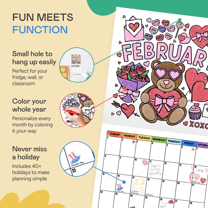 Tiny Expressions - Kids Coloring Calendar 2026-12 Month Color Your Own Wall Calendar for Children, Boys & Girls with Fun Planning Boxes for Daily, Weekly, and Monthly Tasks - Image 3