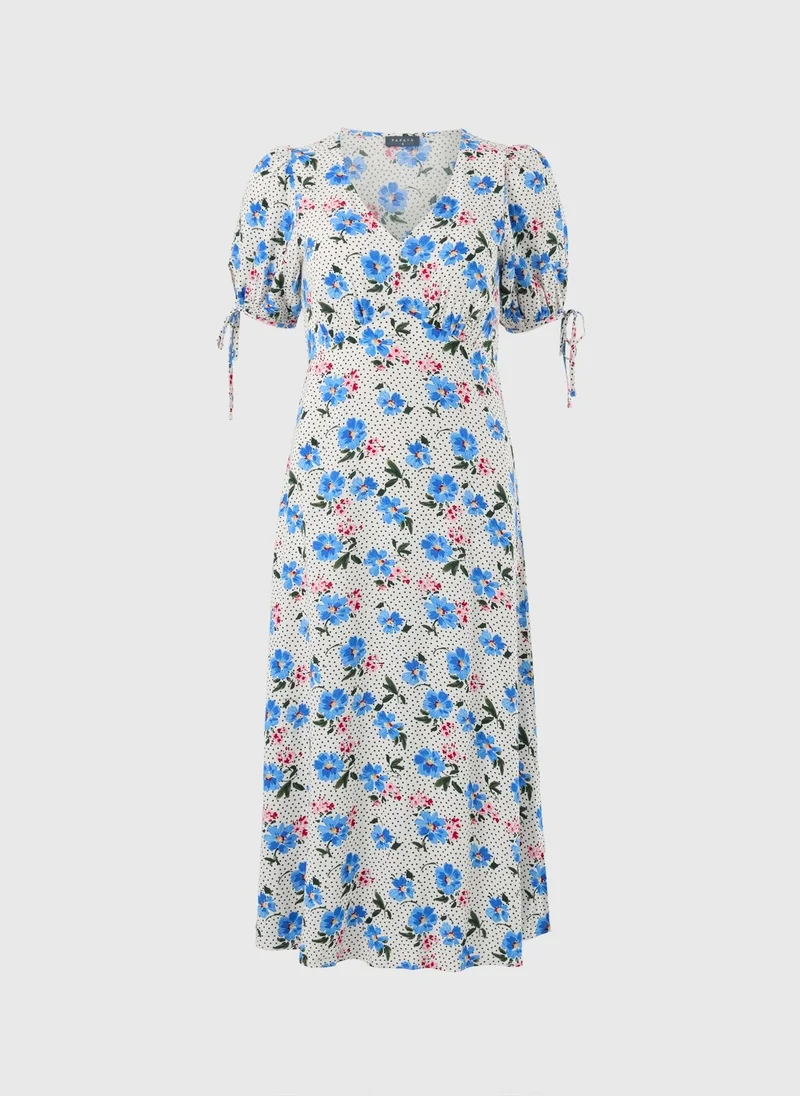 Blue Large Floral Midi Tea Dress
