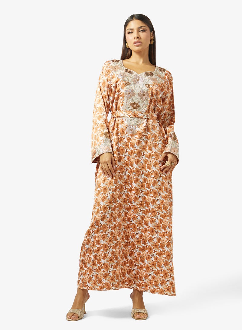 hayas closet Floral Embroidery & Stonework And Belt Jalabiya - Image 1