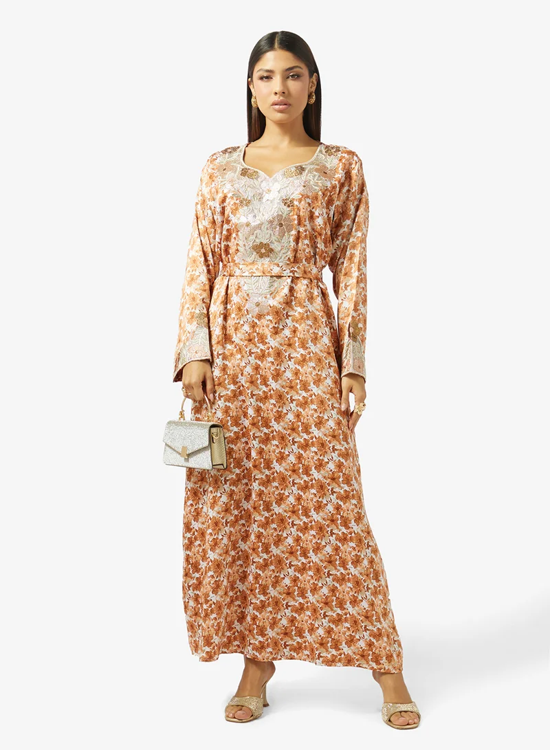 hayas closet  Floral Embroidery & Stonework And Belt Jalabiya for Women | Best Price UAE