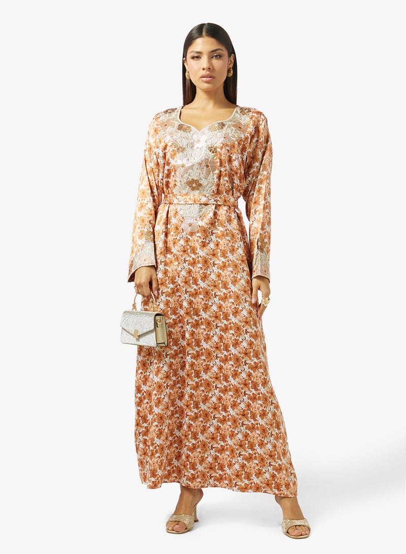 hayas closet Floral Embroidery & Stonework And Belt Jalabiya - Image 4