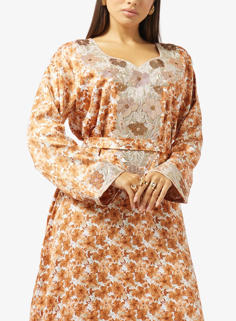 hayas closet Floral Embroidery & Stonework And Belt Jalabiya - Image 3