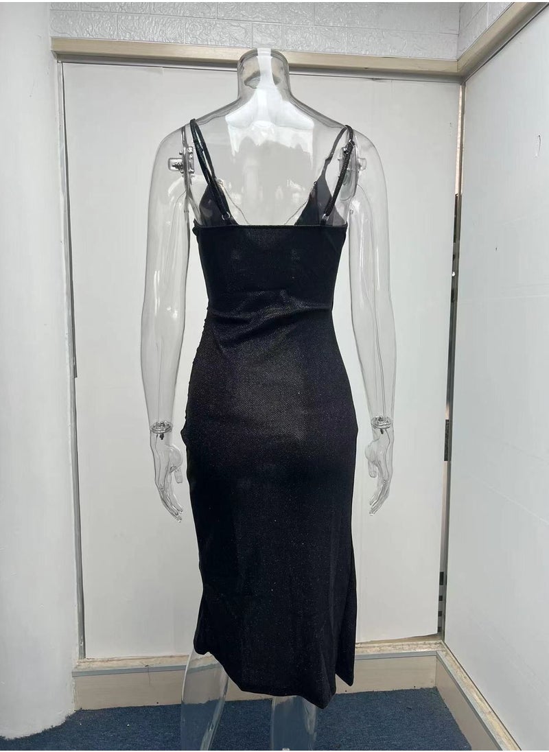Loquat New Fashion High Slit Deep V-neck Suspender Dress  - Image 1