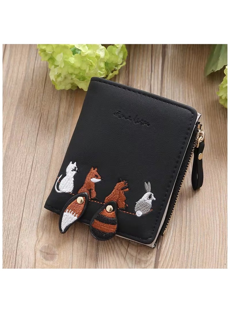 Women Wallet Cute Embroidery Wallets For Ladies Leather RFID Blocking Small Bifold Wallet With Zipper Coin Purse Portable And Small Wallets With Embroidered Animal Pattern